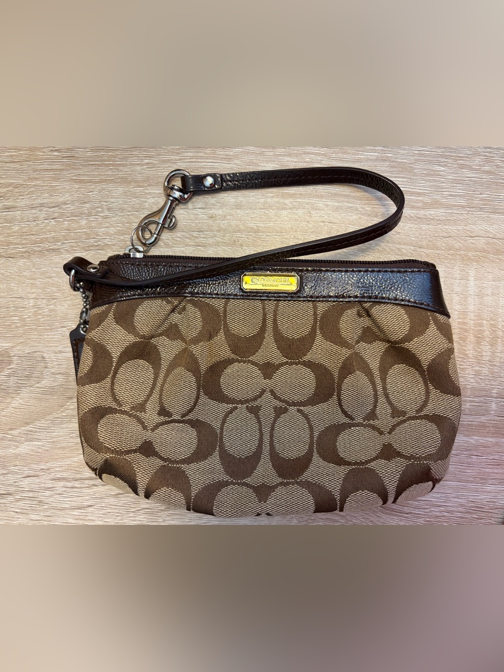 Vintage Coach Brown Signature Jacquard Wristlet with Leather Trim